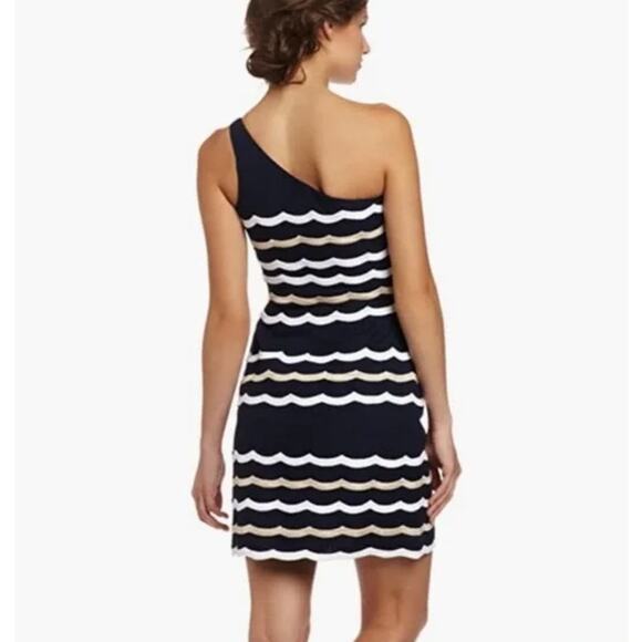 Lilly Pulitzer Tylar One-Shoulder Mini Dress Navy White &‎ Gold Striped Size 6 - Picture 3 of 11
